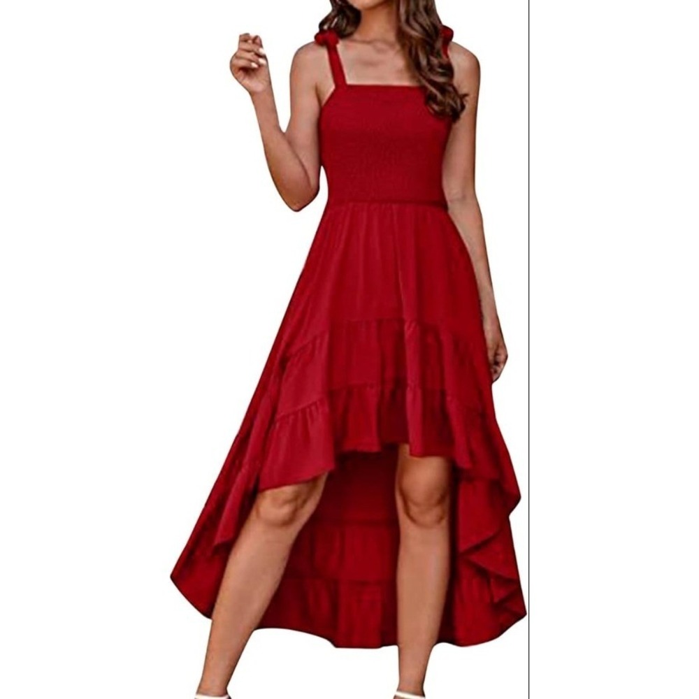 Tiered High Low Smocked Dress Women S Red Tie Shoulder Retro Coquette Romantic